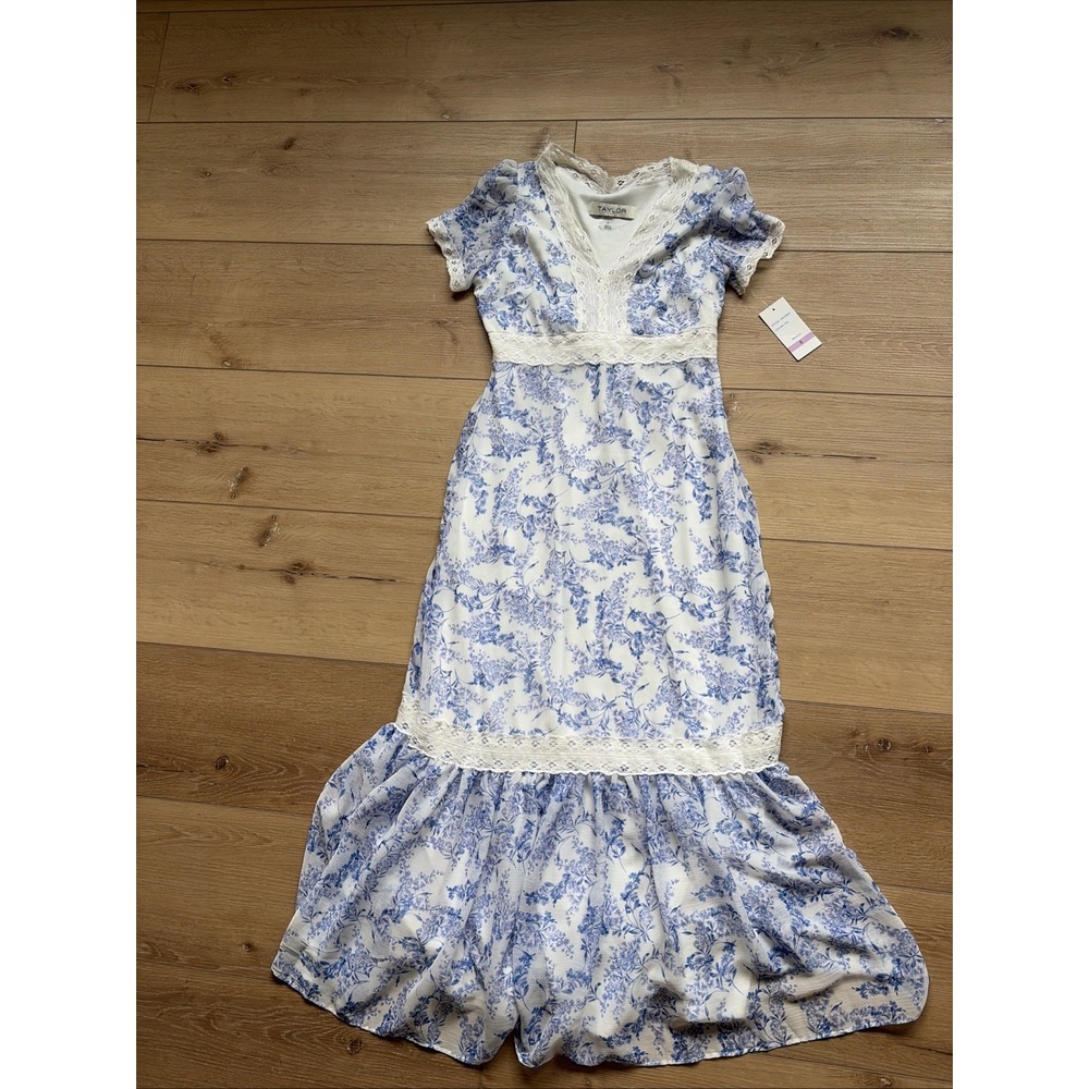 Taylor Women's Size 6 Blue & White Floral V-Neck Lace Maxi Dress Cottage Prairie